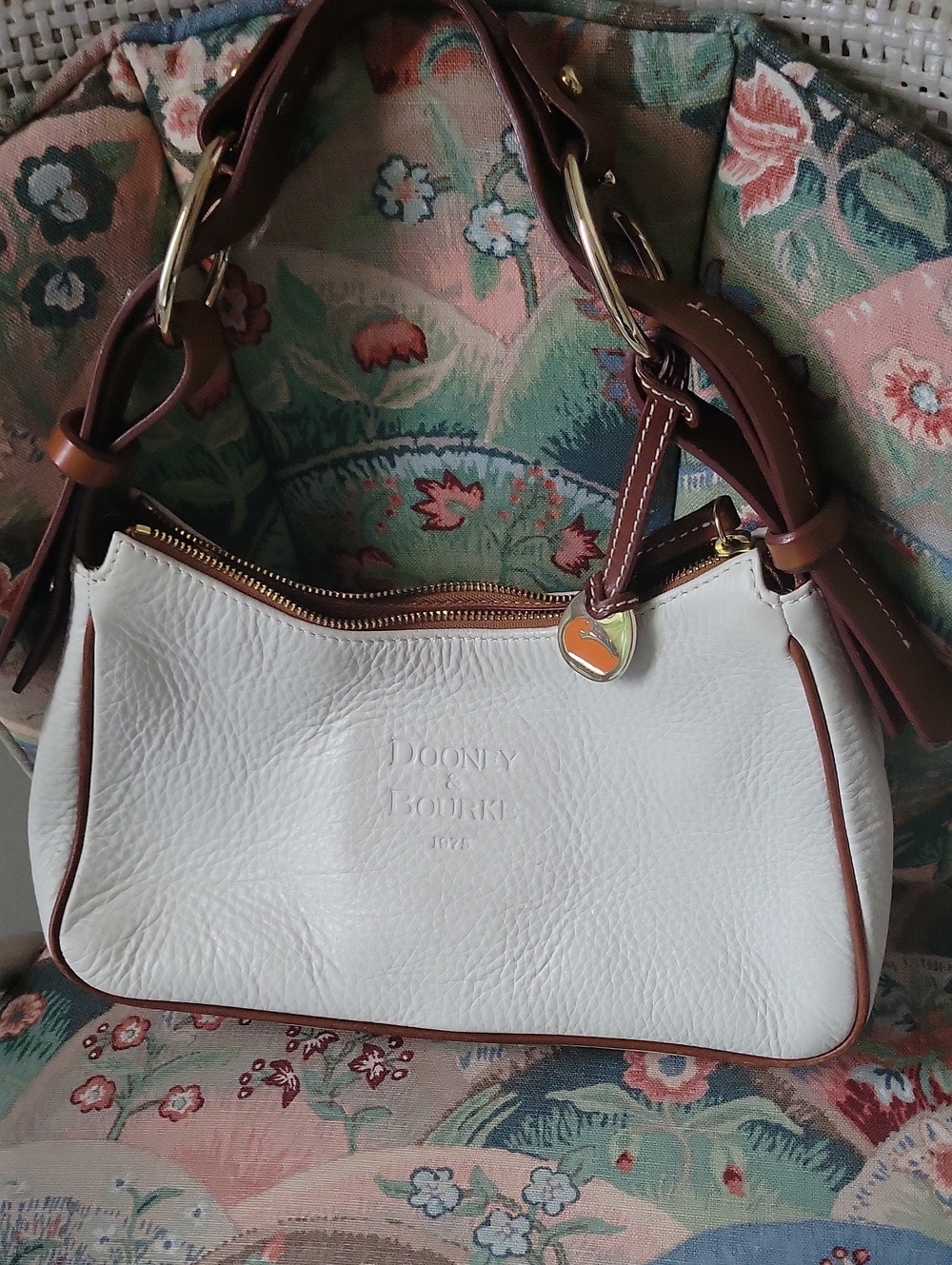 Dooney & Bourke White Leather Shoulder Bag with Brown Trim and Gold Hardware